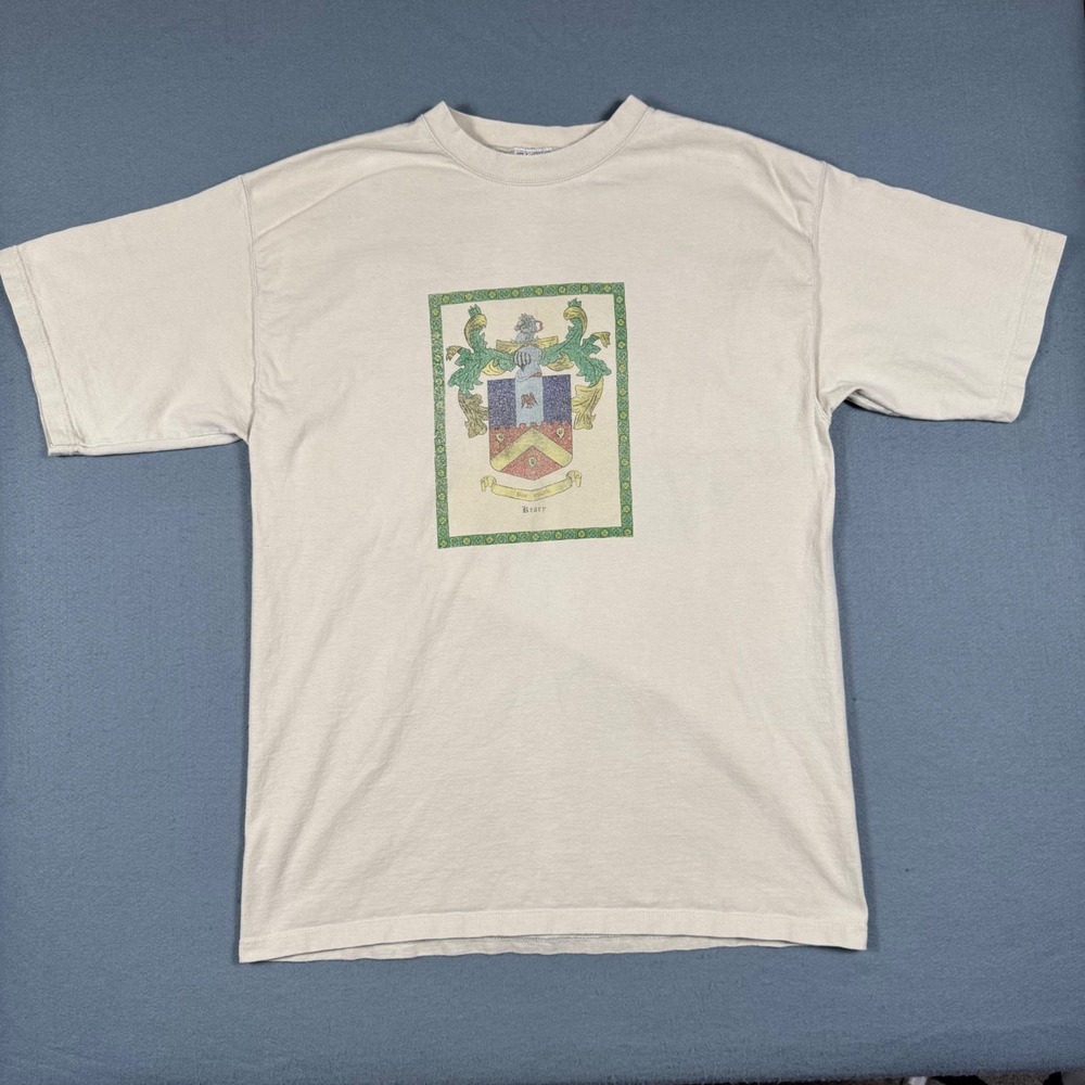 Vintage Pluma Family Crest T Shirt Large Beige Made in USA Heavyweight Cotton